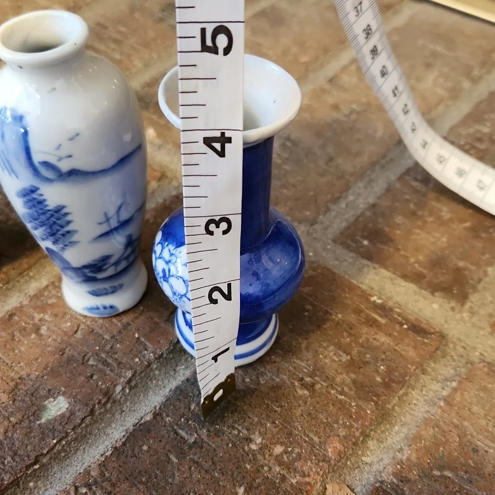 Vintage Chinese Bud Vases Miniature  Set Of 3 Cobalt Blue Asian Cherry Blossoms
